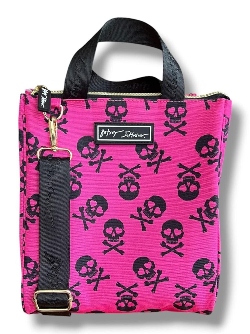 Betsey Johnson Hot Pink and Black Skull Crossbody Insulated Lunch Tote NWOT